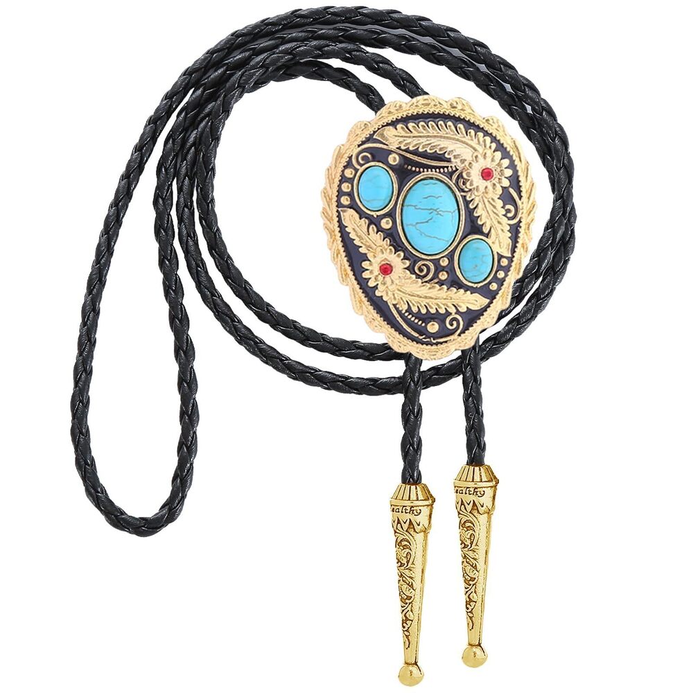 9003 Gold Bolo Tie  Western Cowboy Blue Natural Turquoise Stone Bolo Tie